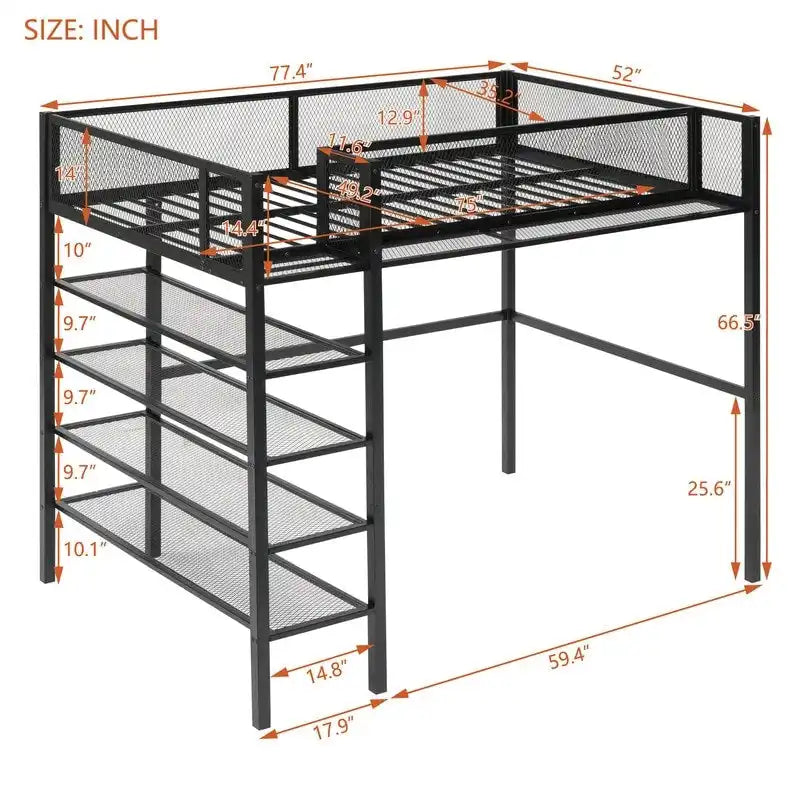 Twin Size Metal Loft Bed with 4-Tier Shelves and Storage