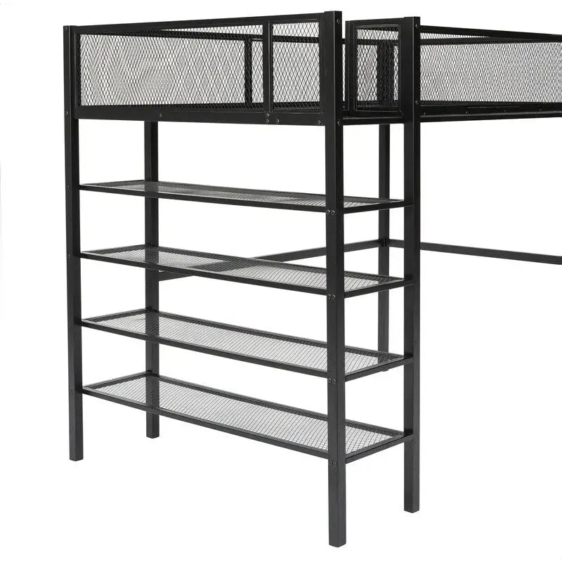 Twin Size Metal Loft Bed with 4-Tier Shelves and Storage