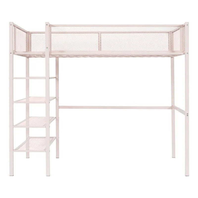 Twin Size Metal Loft Bed with 4-Tier Shelves and Storage