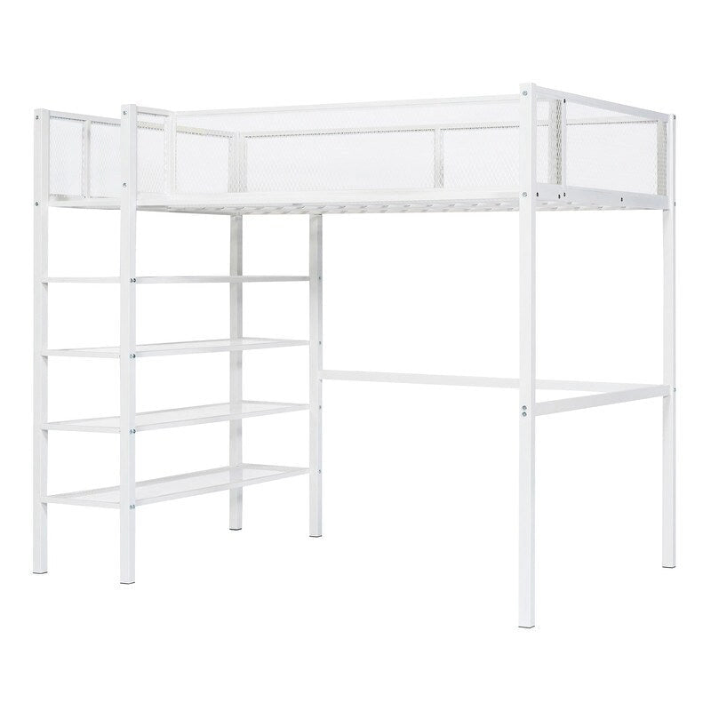 Twin Size Metal Loft Bed with 4-Tier Shelves and Storage