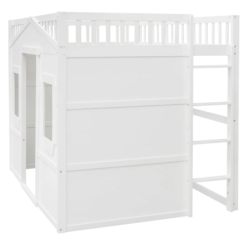 White Castle Style Full Size Solid Pine Wood Loft Bed with Ladder and Guard Rails