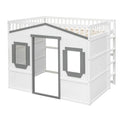 White+Gray Full Size House Loft Bed with Ladder, Doors, Window