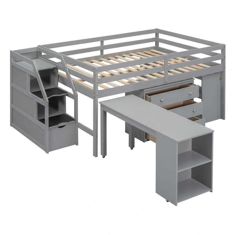 Gray Full Size Solid Wood Loft Bed with Retractable Desk, Storage Stairs, Storage Drawers, and Shelves