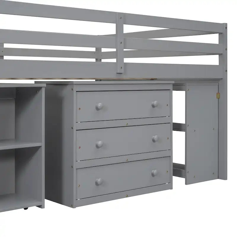 Gray Full Size Solid Wood Loft Bed with Retractable Desk, Storage Stairs, Storage Drawers, and Shelves