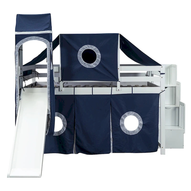 Blue Pine Wood Loft Bed with Storage Staircase and Slide, Tent and Tower, Full-Length Guardrail