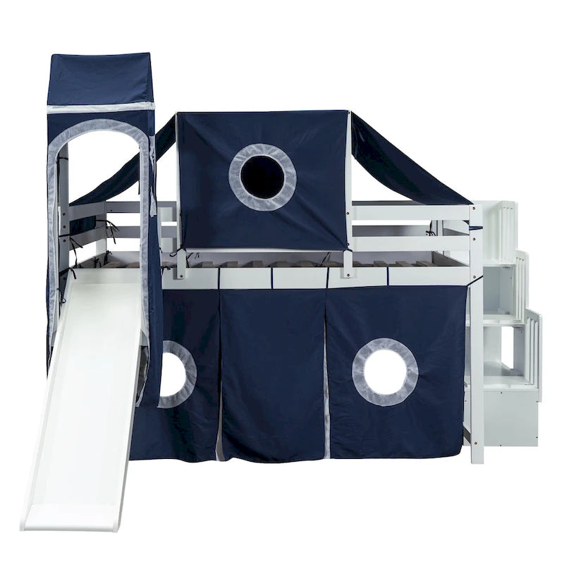 Blue Pine Wood Loft Bed with Storage Staircase and Slide, Tent and Tower, Full-Length Guardrail