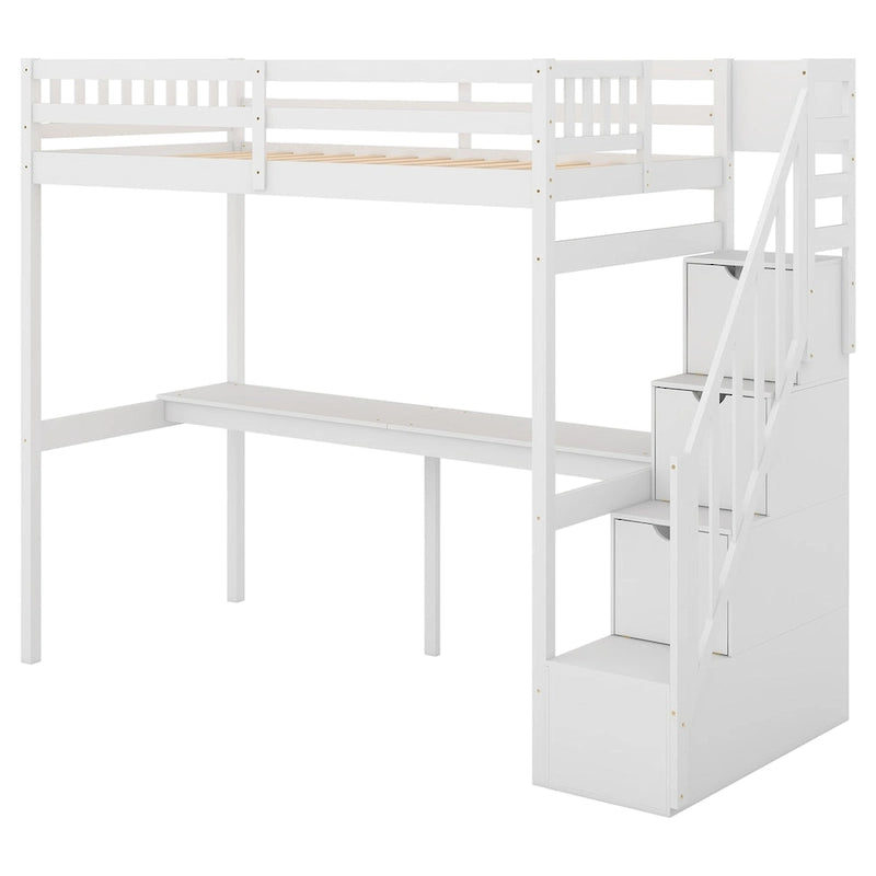 Twin Size Loft Bed with Storage Staircase and Built-in Desk