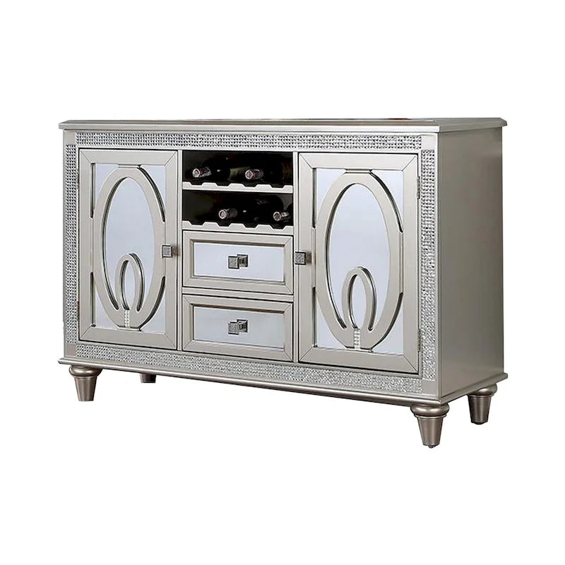 Cate 54 Inch Buffet Server Console, 2 Doors, Wine Rack, Mirrored, Silver