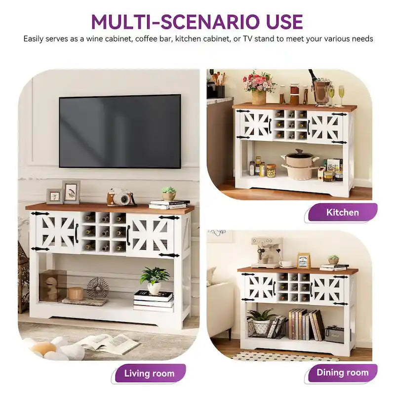 45.5 Farmhouse White Wood Entryway Console Table Buffet Storage Cabinet Wine Rack - 45.3Lx15Wx31.5H
