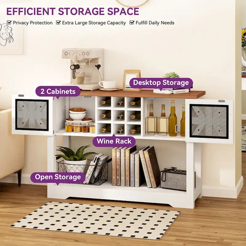 45.5 Farmhouse White Wood Entryway Console Table Buffet Storage Cabinet Wine Rack - 45.3Lx15Wx31.5H