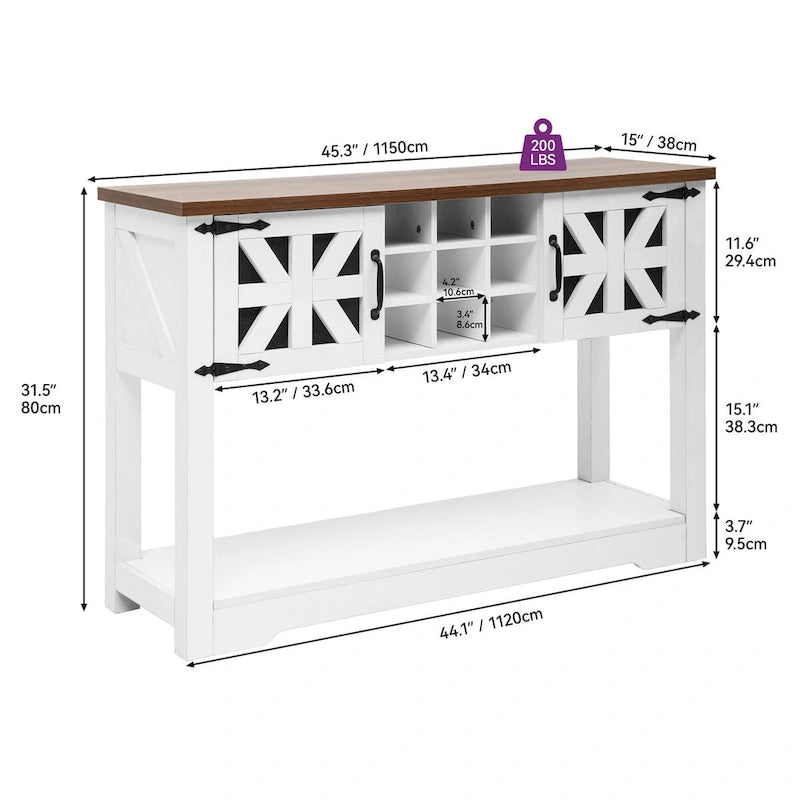 45.5 Farmhouse White Wood Entryway Console Table Buffet Storage Cabinet Wine Rack - 45.3Lx15Wx31.5H