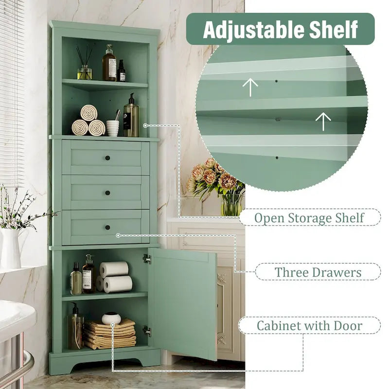 69 Tall Wood 1-door Bathroom Cabinet in Green with Adjustable Shelf
