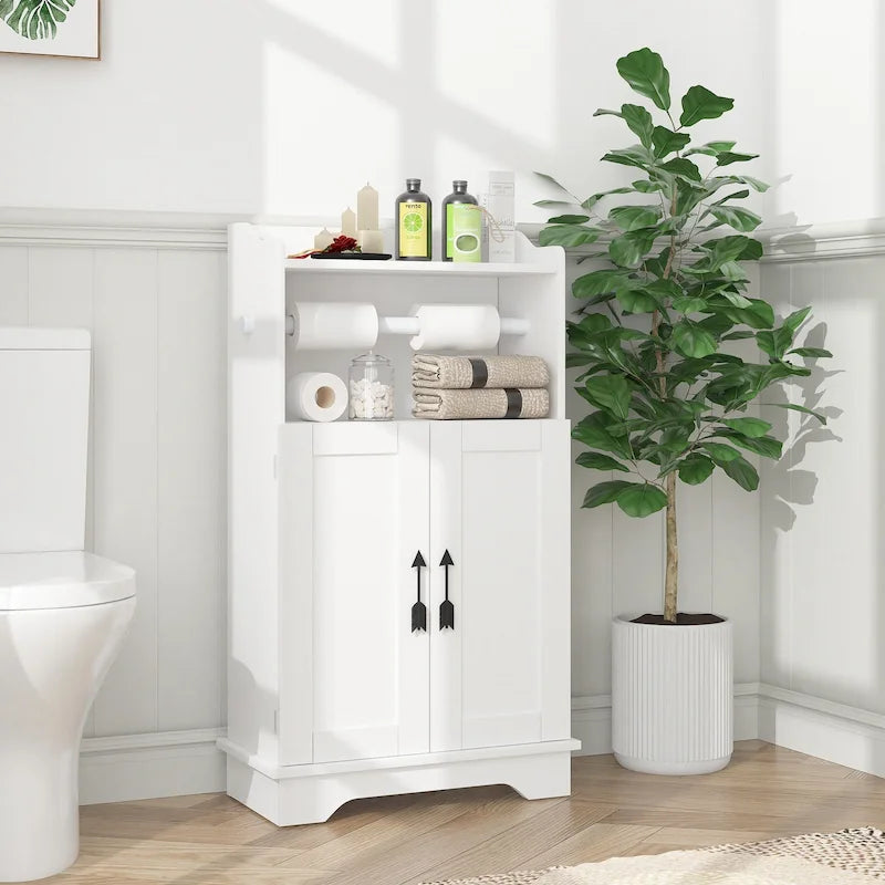 Javlego Bathroom Storage Cabinet, Wooden Floor Cabinet with 2 Doors and Toilet Roll Holder, Adjustable Shelf