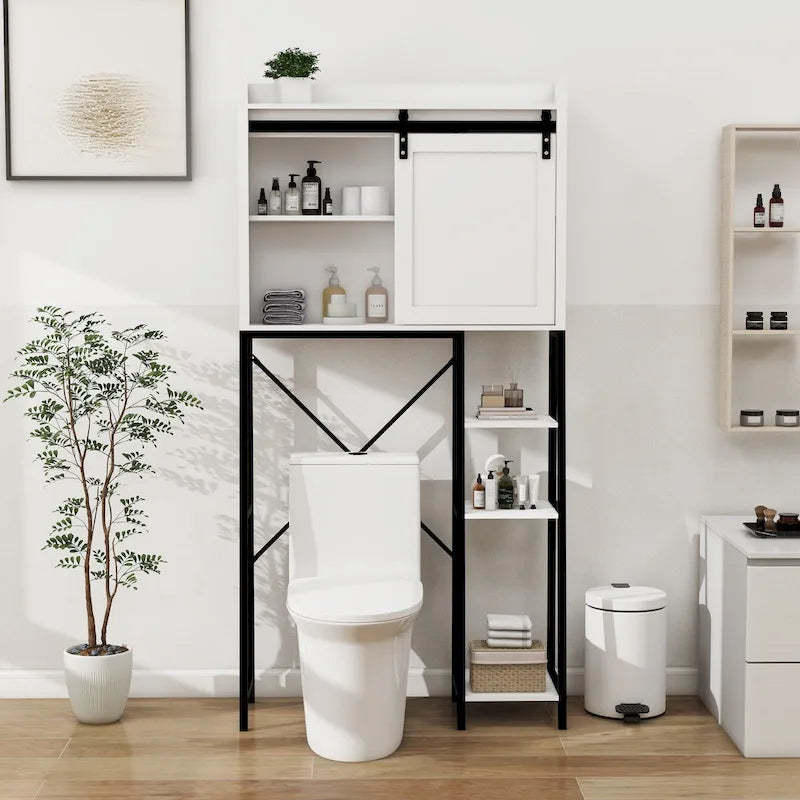 Above the toilet storage cabinet, bathroom shelf