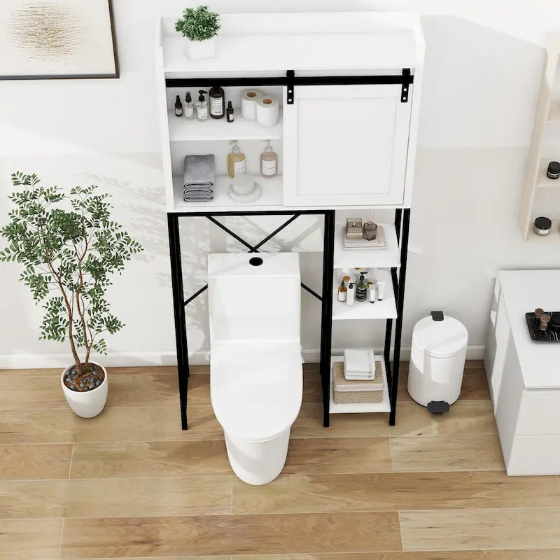 Above the toilet storage cabinet, bathroom shelf