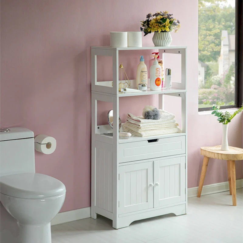 Tall Freestanding Wooden Storage Vanity, Kitchen Pantry, and Bathroom Cabinet Organizer, A drawer and 2 Door Cabinet, White