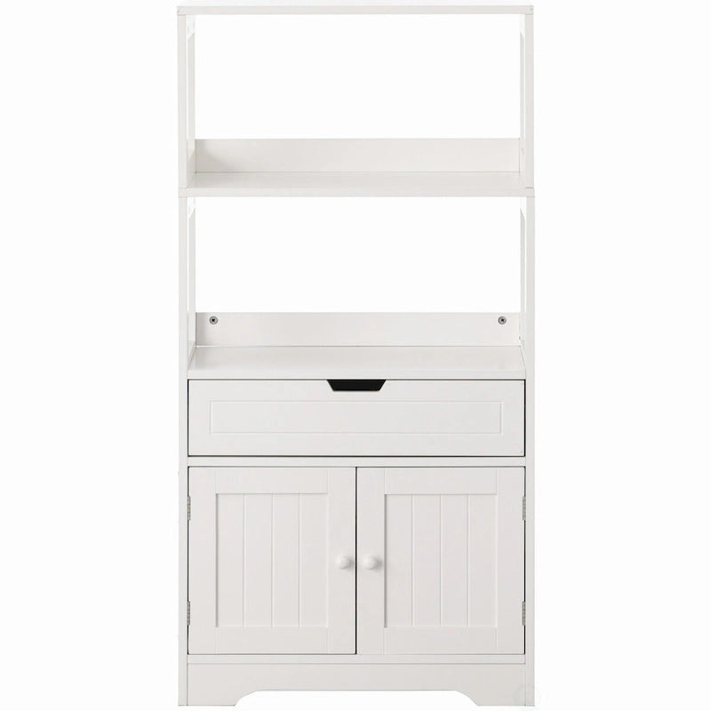 Tall Freestanding Wooden Storage Vanity, Kitchen Pantry, and Bathroom Cabinet Organizer, A drawer and 2 Door Cabinet, White