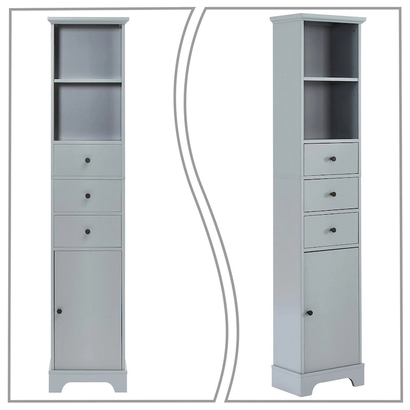 Slim Tall Bathroom Storage Cabinet with an Open Shelf, Three Drawers and a Cabinet