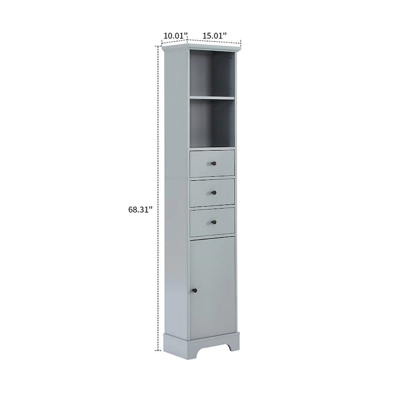 Slim Tall Bathroom Storage Cabinet with an Open Shelf, Three Drawers and a Cabinet