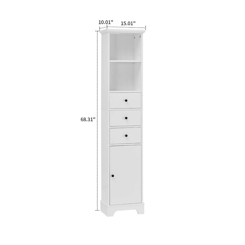 Slim Tall Bathroom Storage Cabinet with an Open Shelf, Three Drawers and a Cabinet