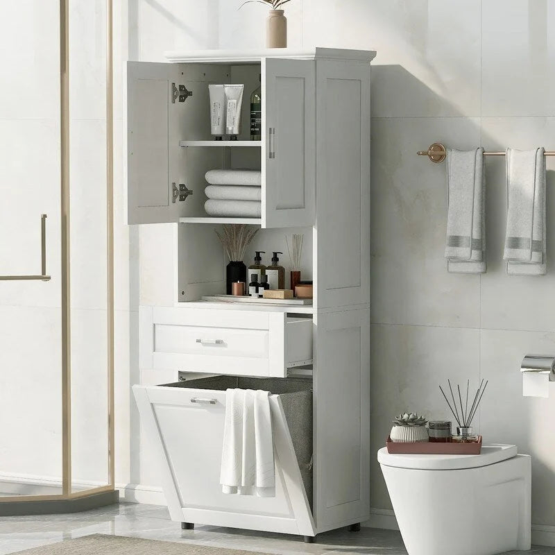 Tall Bathroom Cabinet with Tilt-Out Laundry Hamper and Storage Cabinet