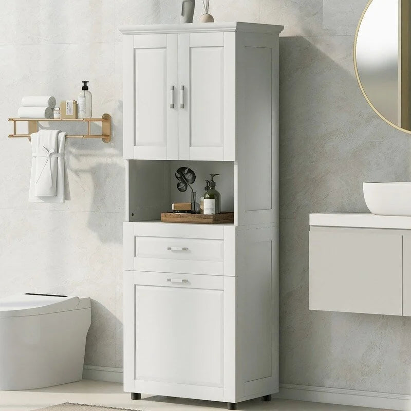 Tall Bathroom Cabinet with Tilt-Out Laundry Hamper and Storage Cabinet