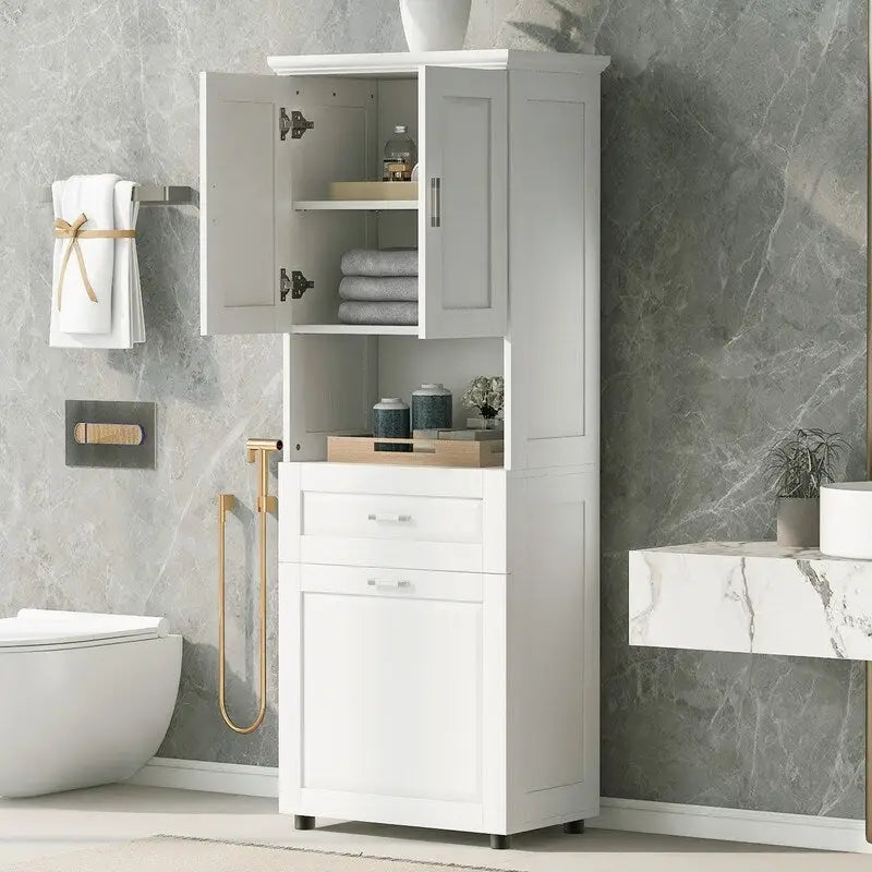 Tall Bathroom Cabinet with Tilt-Out Laundry Hamper and Storage Cabinet