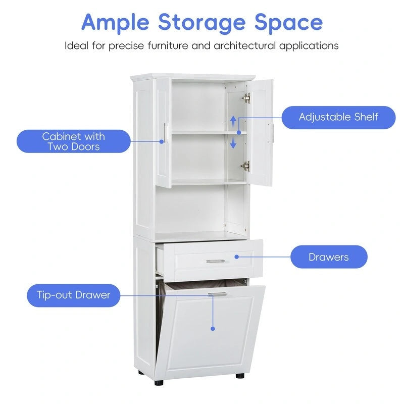 Tall Bathroom Cabinet with Tilt-Out Laundry Hamper and Storage Cabinet