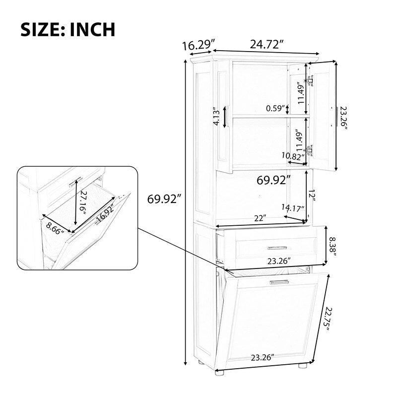 Tall Bathroom Cabinet with Tilt-Out Laundry Hamper and Storage Cabinet