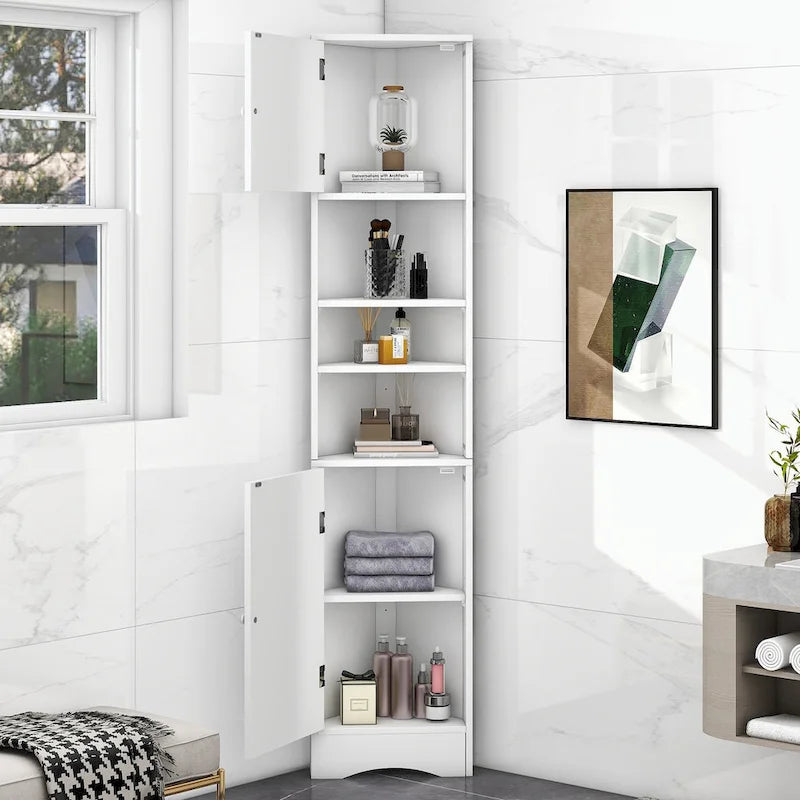Tall Bathroom Storage Cabinet with Two Doors and Adjustable Shelves
