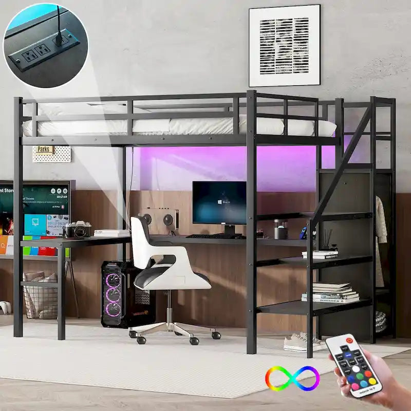 Modern Loft Bed with L-shaped Desk, Wardrobe and USB Ports