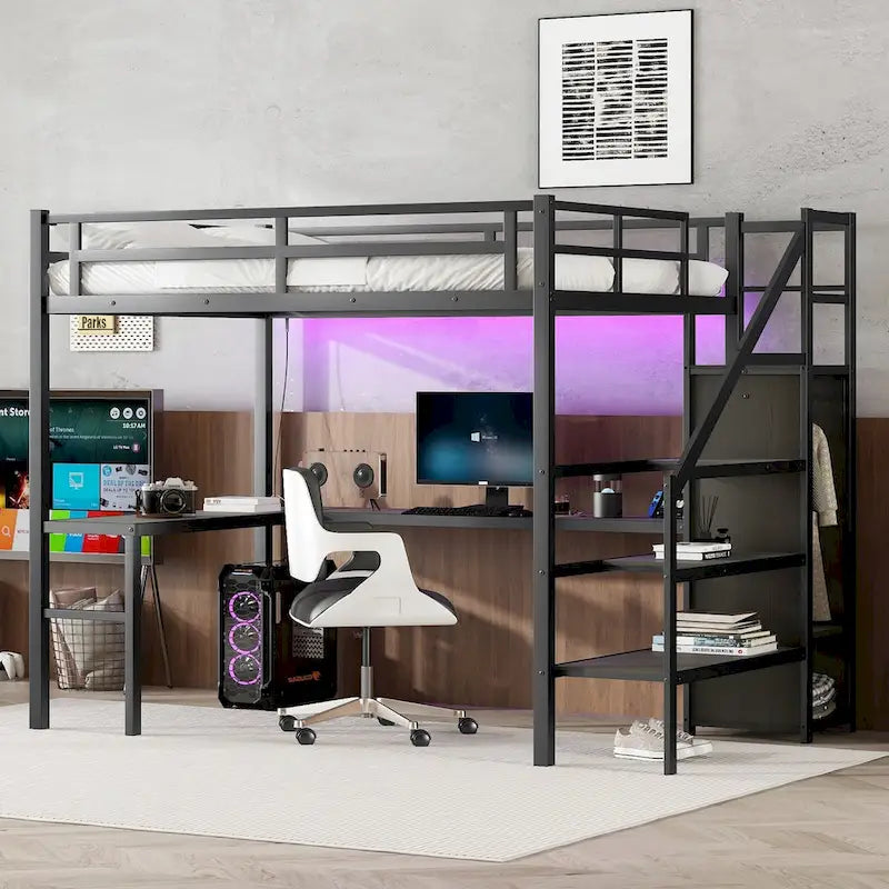Modern Loft Bed with L-shaped Desk, Wardrobe and USB Ports