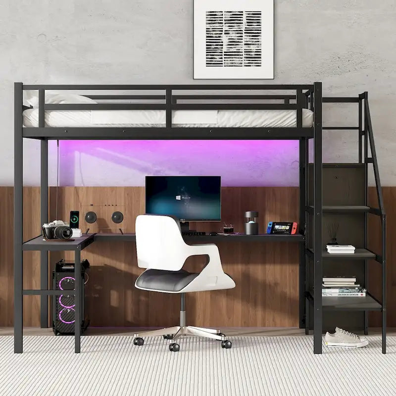 Modern Loft Bed with L-shaped Desk, Wardrobe and USB Ports