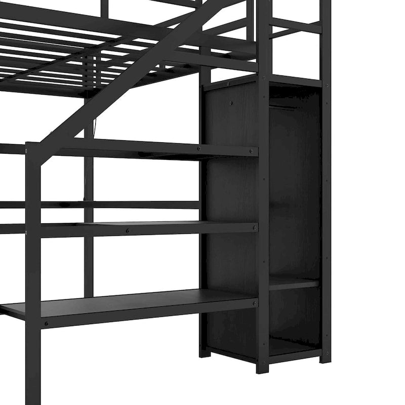 Modern Loft Bed with L-shaped Desk, Wardrobe and USB Ports