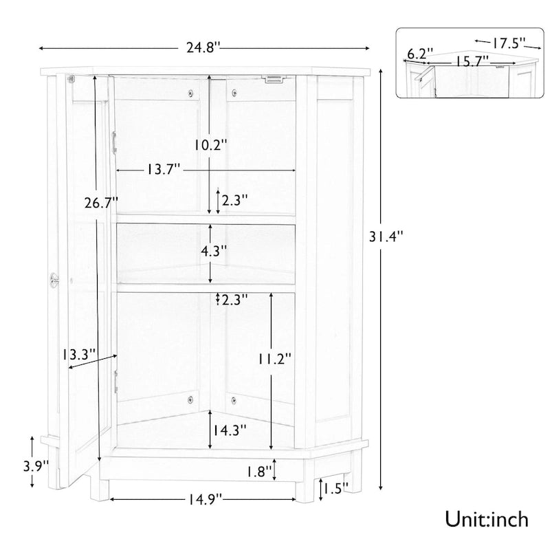 Black Bathroom Cabinet Triangle Corner Storage Cabinet with Adjustable Shelf Modern Style MDF Board