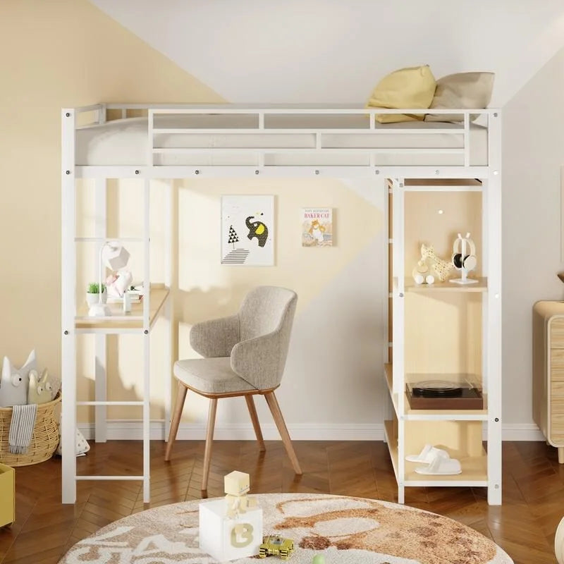 Twin Size Metal Loft Bed with Built-in Wardrobe, Desk and Shelves