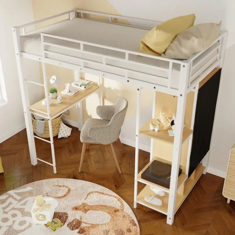 Twin Size Metal Loft Bed with Built-in Wardrobe, Desk and Shelves