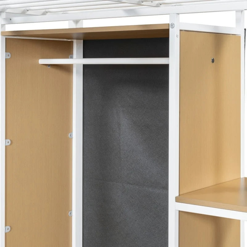 Twin Size Metal Loft Bed with Built-in Wardrobe, Desk and Shelves
