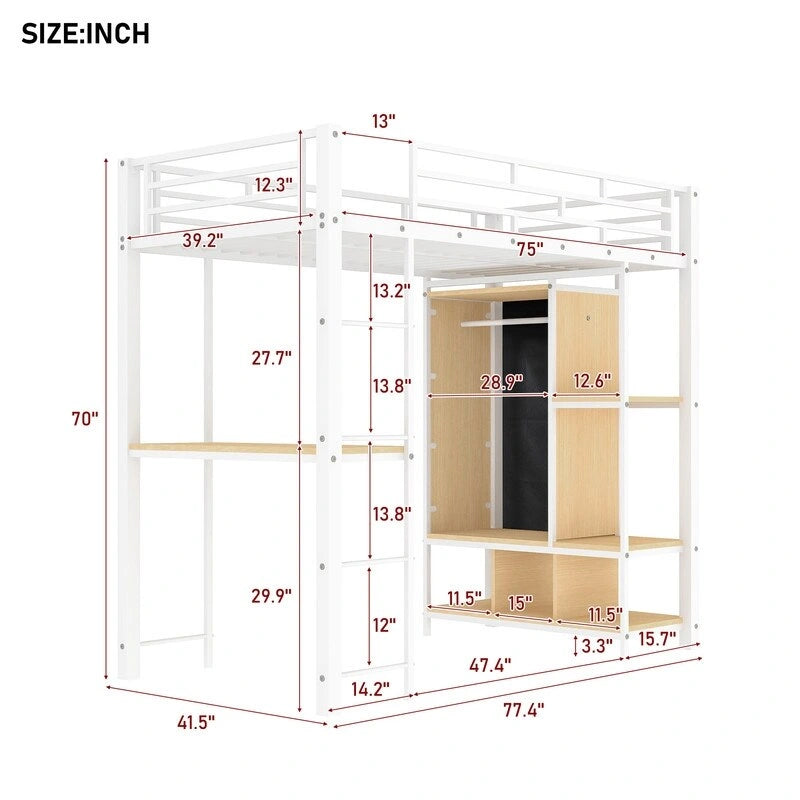 Twin Size Metal Loft Bed with Built-in Wardrobe, Desk and Shelves