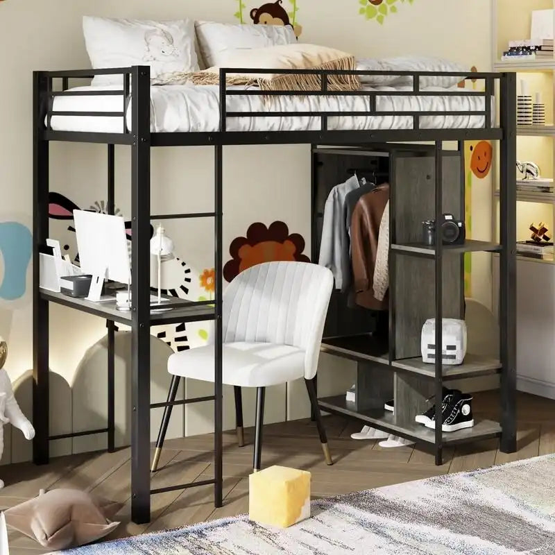 Twin Size Metal Loft Bed with Built-in Wardrobe, Desk and Shelves