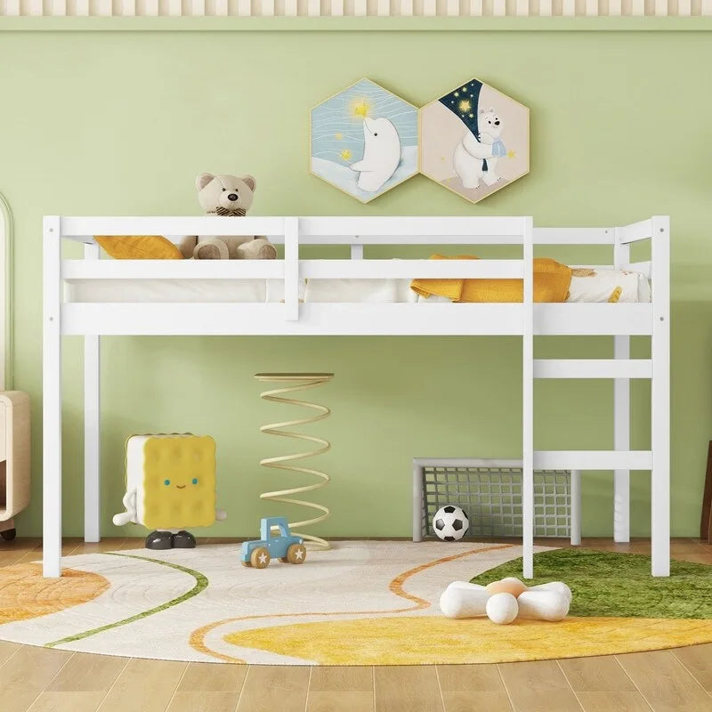 Solid Rubber Wooden Twin Loft Bed with Ladder and Strengthened Slats