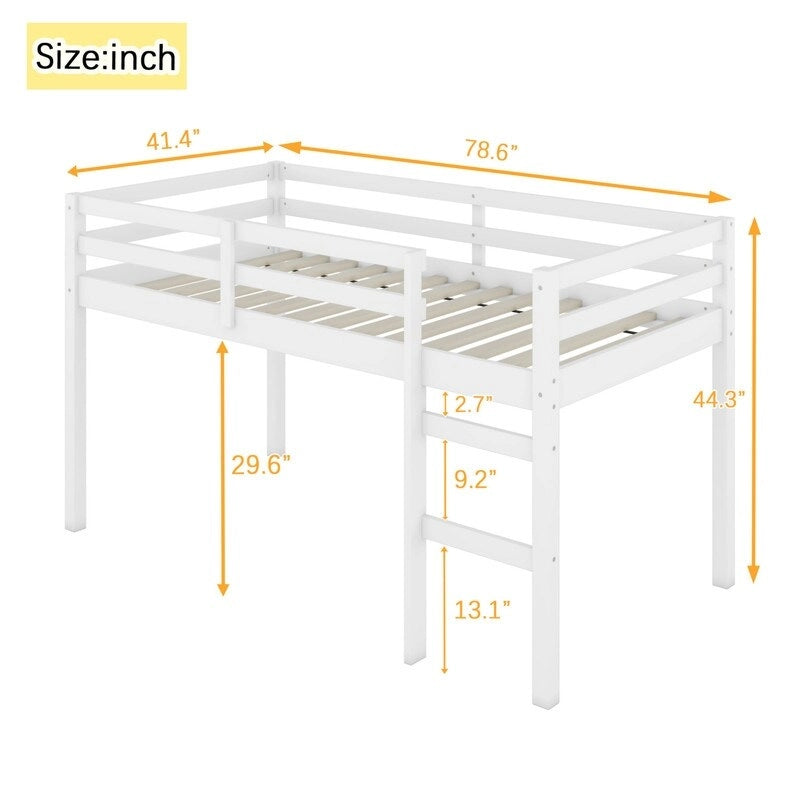 Solid Rubber Wooden Twin Loft Bed with Ladder and Strengthened Slats