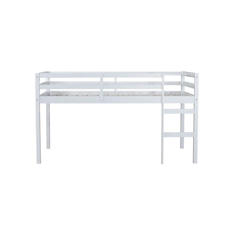 Solid Rubber Wooden Twin Loft Bed with Ladder and Strengthened Slats
