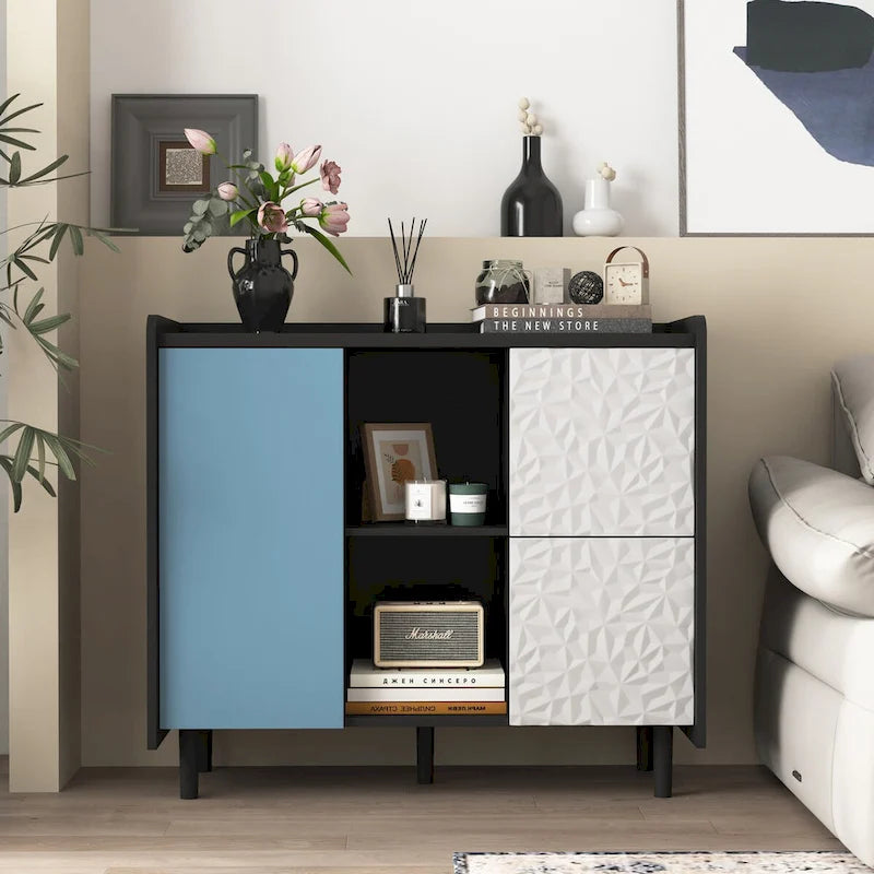 Sideboard Buffet Cabinet, Storage Cabinet with Red Doors, 2 Drawers with unique panel styling and 2 Open Storage Compartment