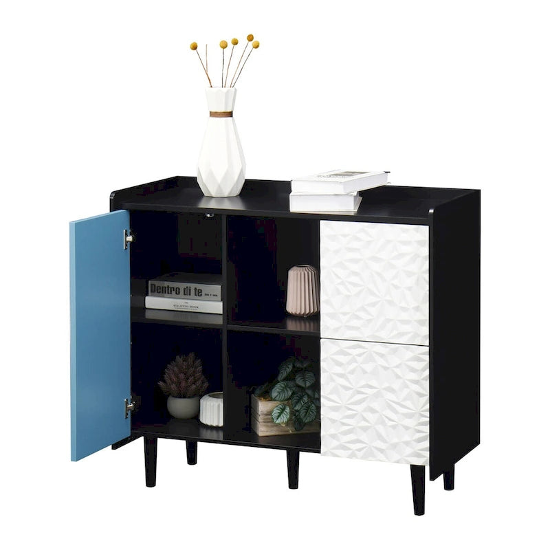 Sideboard Buffet Cabinet, Storage Cabinet with Red Doors, 2 Drawers with unique panel styling and 2 Open Storage Compartment
