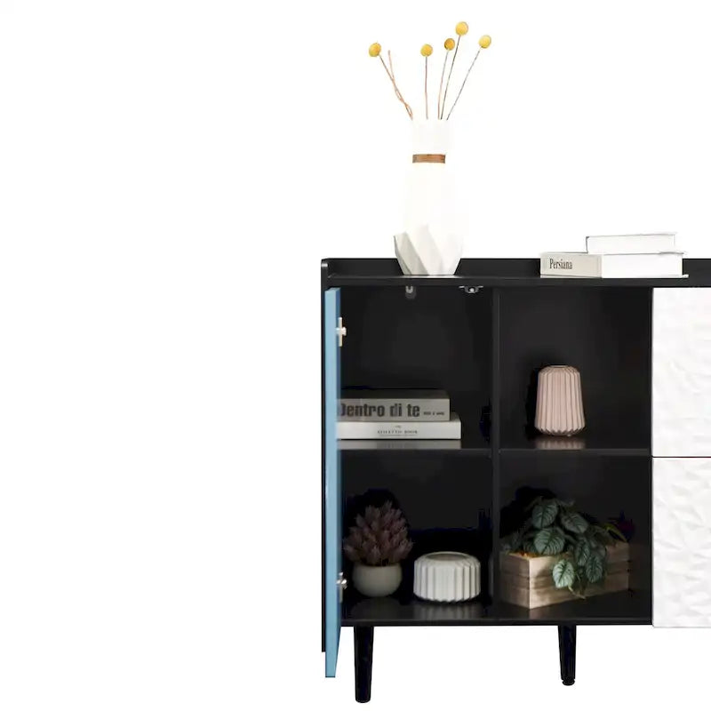 Sideboard Buffet Cabinet, Storage Cabinet with Red Doors, 2 Drawers with unique panel styling and 2 Open Storage Compartment