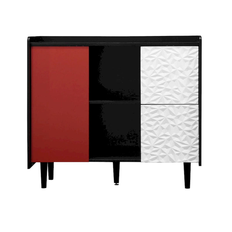 Sideboard Buffet Cabinet, Storage Cabinet with Red Doors, 2 Drawers with unique panel styling and 2 Open Storage Compartment