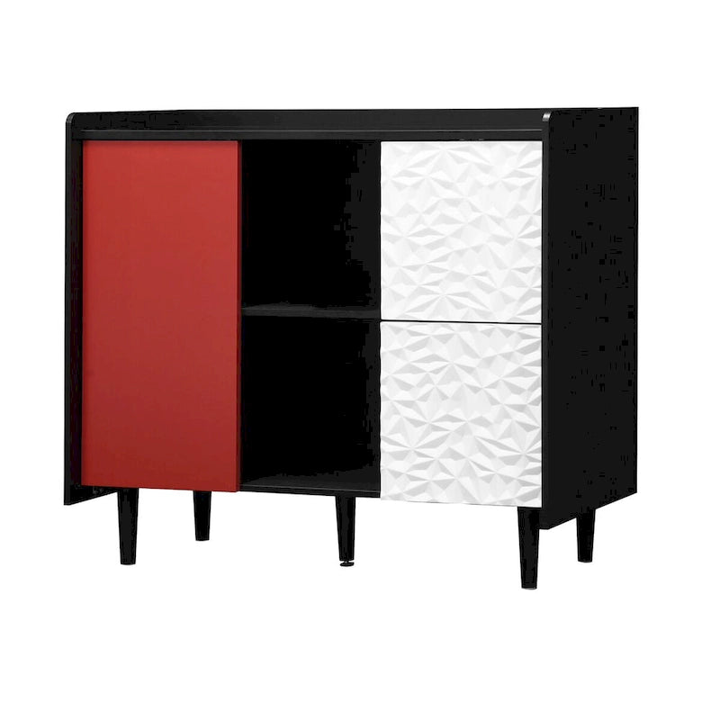 Sideboard Buffet Cabinet, Storage Cabinet with Red Doors, 2 Drawers with unique panel styling and 2 Open Storage Compartment
