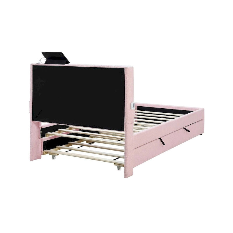 Twin Size Bed Frame With Trundle Bed, Teddy Fabric, Usb Functionality, And A Pocket Design On The Side Of The Headboard