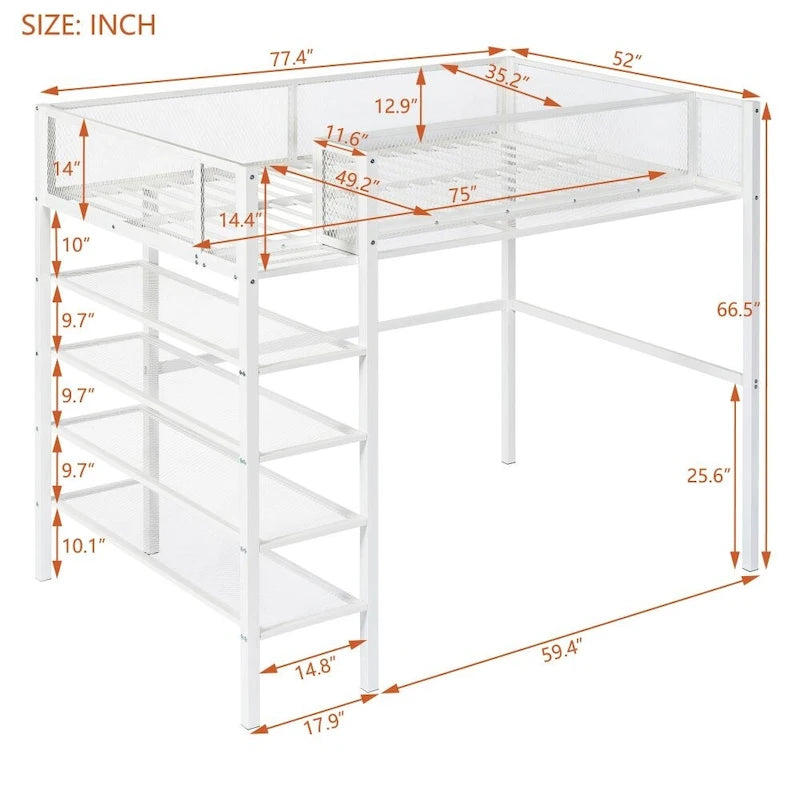 Metal Loft Bed with 4-Tier Shelves and Storage